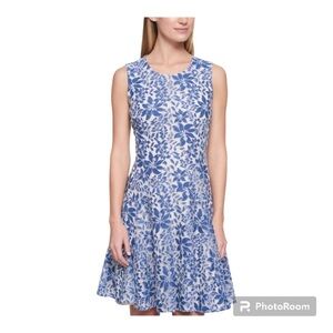 Tommy Hilfiger Floral Lace Sleeveless Flowy Dress A-Line Cream & Blue Size 12